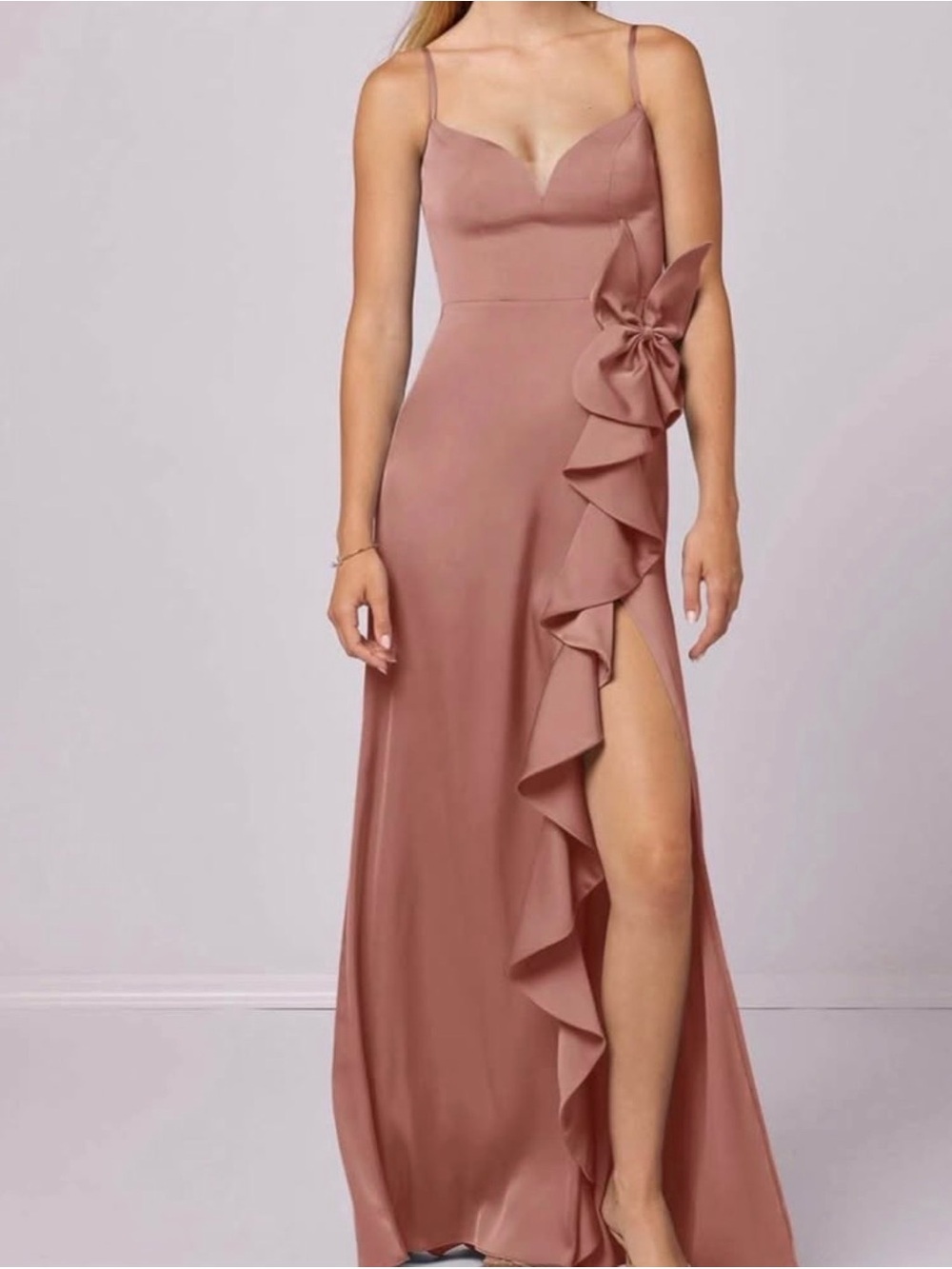 Azazie One-Shoulder Satin Gown in Dusty Rose with Ruffle Detail